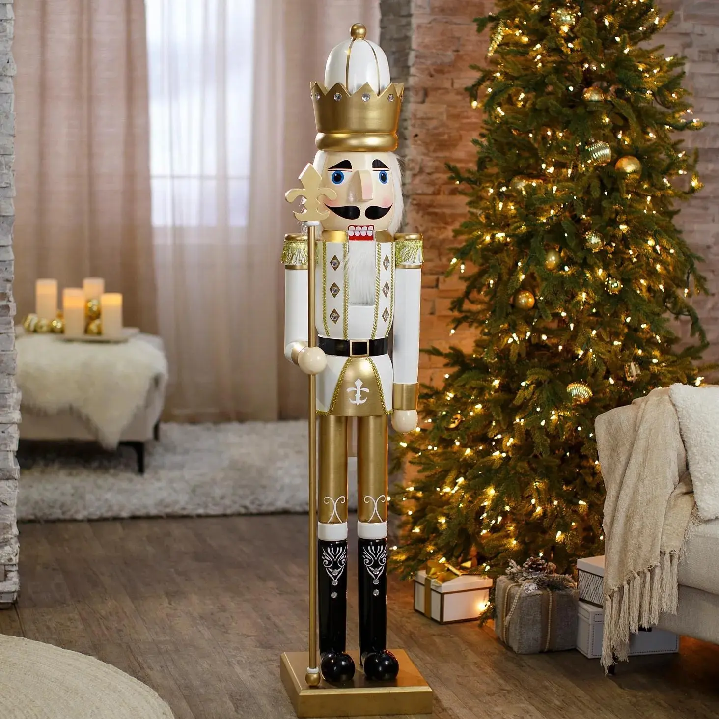 5 Foot Gold Wooden Nutcracker Soldier with Scepter, Large Christmas Decor
