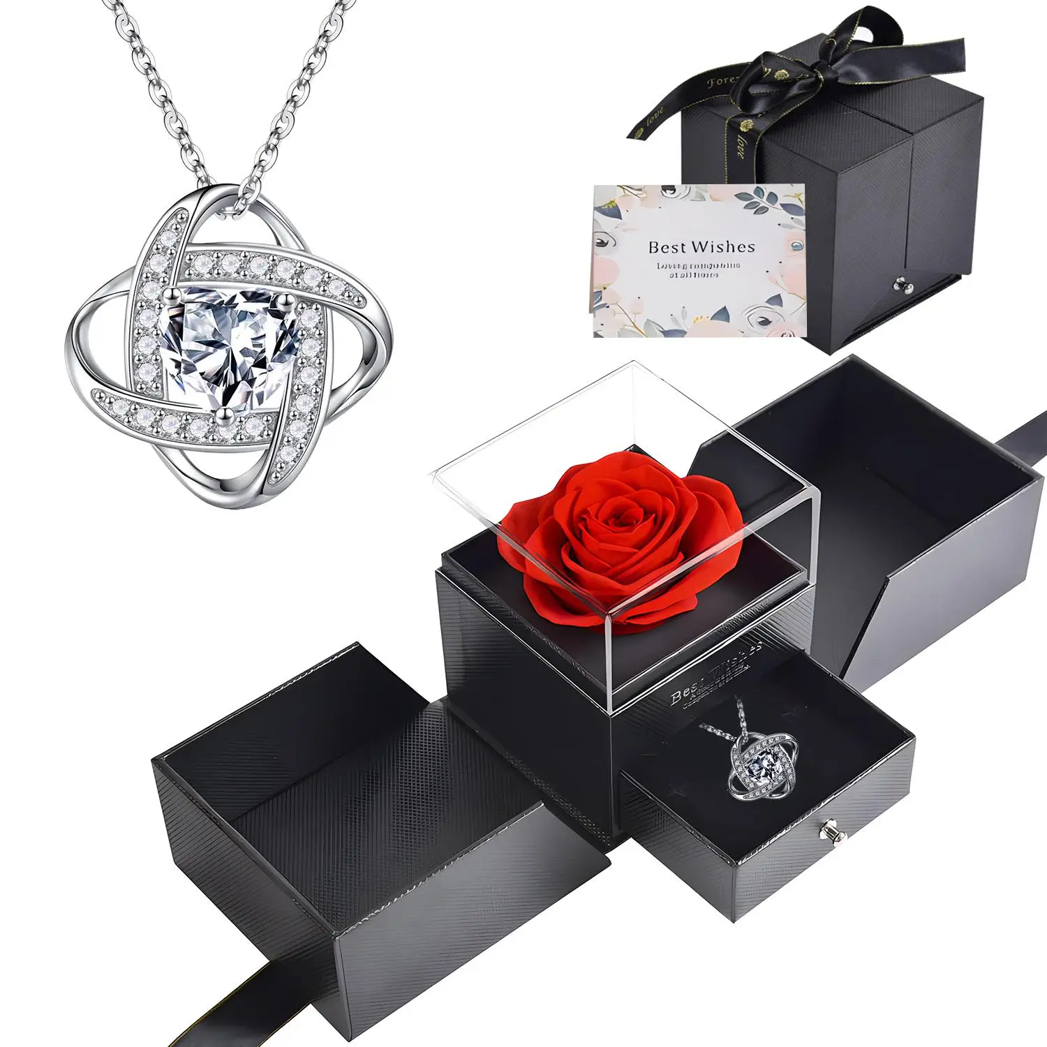 Necklace & Gift Box, 1 Set Rose Gift Box and I Love You Necklace, Rose Gift for Mom, Wife, Girlfriend, Anniversary, Birthday Gift for Women