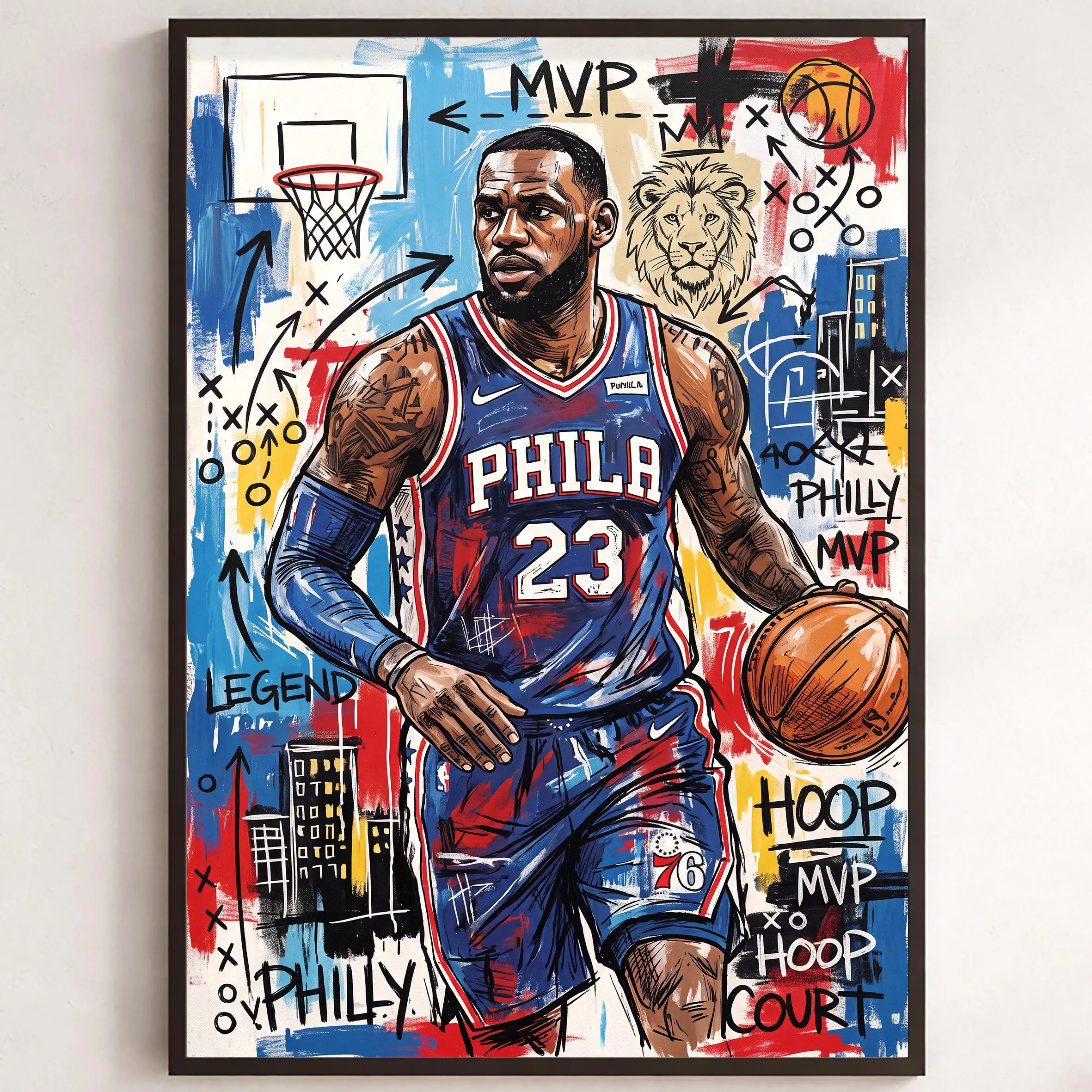 LeBron James Poster, Philadelphia 76ers Graffiti Wall Art, Basketball Unframed Artwork, Urban Print