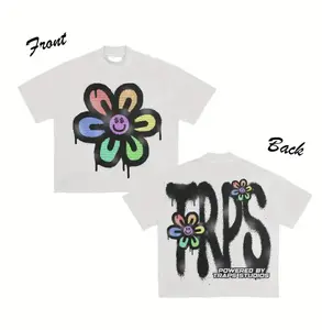 Graffiti Flower Face Graphic Tee, Trippy Smiley Drip Design Shirt, Front & Back Art Print, Crew Neck T-Shirt, Streetwear Short Sleeve Tshirt, Unisex Menswear Womenswear Top