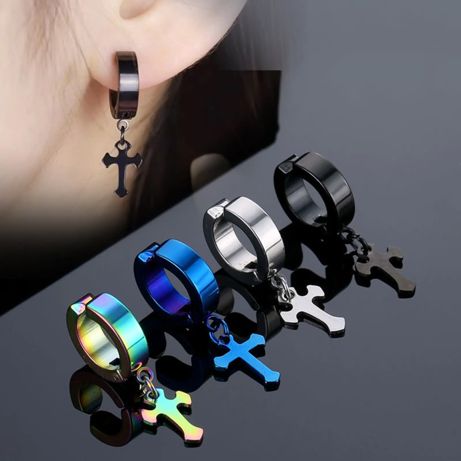 Titanium Steel Cross Pendant Ear Bone Clip No Piercing Punk Trendy Male and Female Stainless Steel Fake Earrings thick  studs Non Tarnish Jewelry