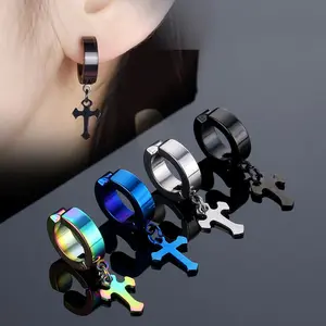Titanium Steel Cross Pendant Ear Bone Clip No Piercing Punk Trendy Male and Female Stainless Steel Fake Earrings thick  studs Non Tarnish Jewelry