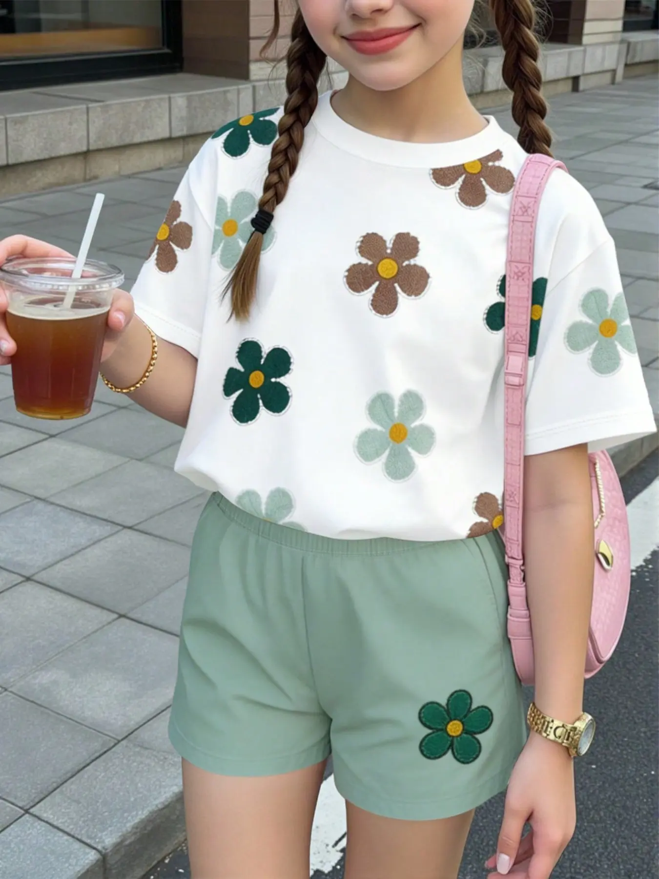 Summer Freshness Mint Floral Girl, Summer Outfits Set, Casual Slim Fit Top & Shorts Set, Breathable Comfort for Kids 4-12 Years