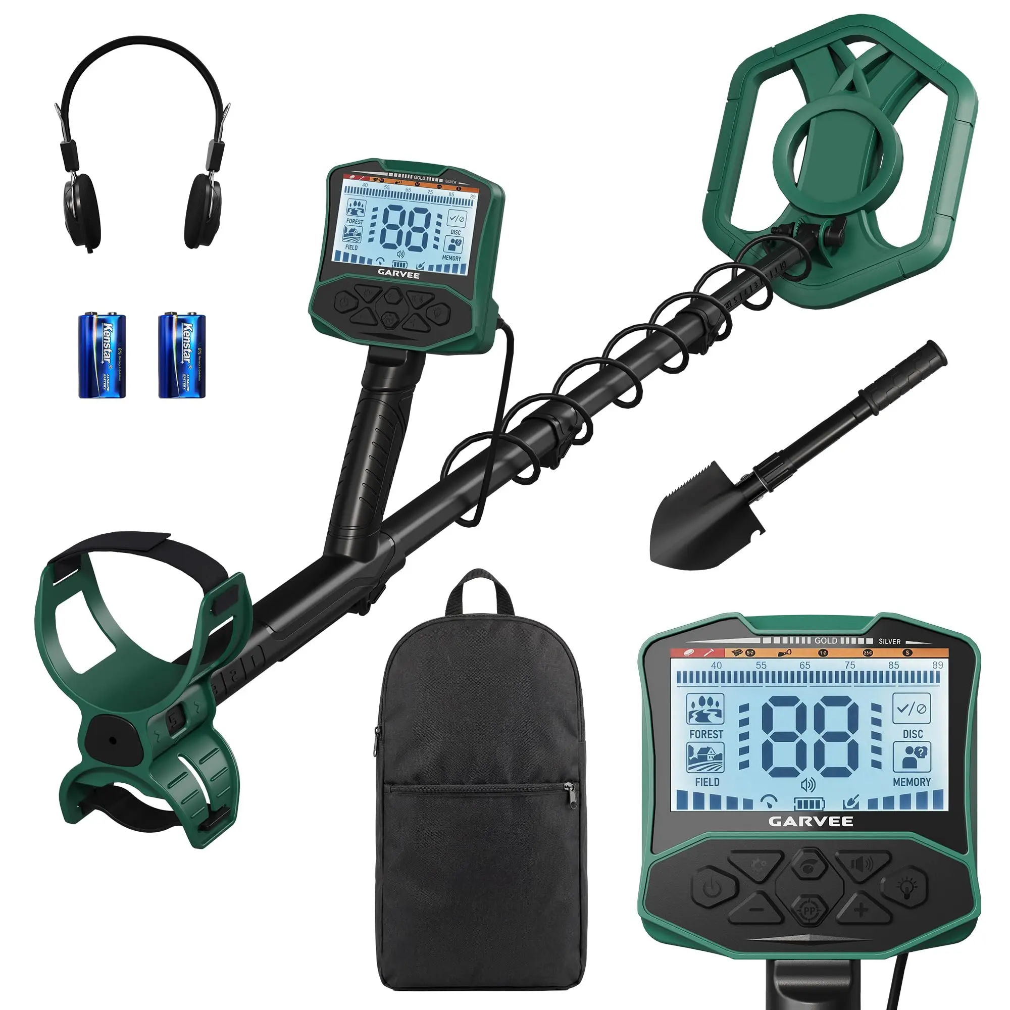 Adult Professional Metal Detector with 5 Detection Modes, IP68 Waterproof Coil, Large Backlit LCD Display, High-Accuracy Gold & Coin Finder for Beach Treasure Hunting, Easy for Beginners, Green