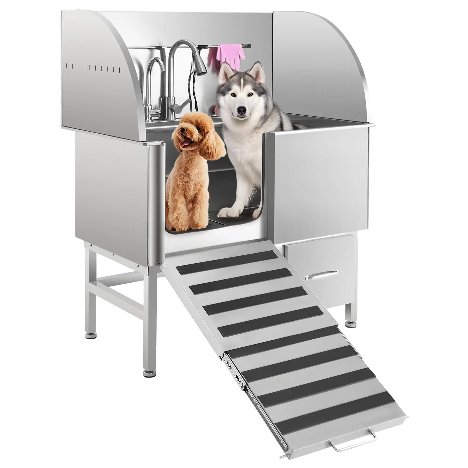 Garvee Professional Stainless Steel Dog Washing Stations with Sliding Door or Folding Ramp, Non-Slip Steps, Faucet, Showerhead, Soap Holder, Drawer, and Drain Kit, Supports up to 250Lbs, Suitable for Small to Large Dogs