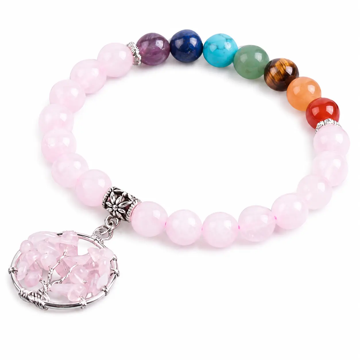 7 Chakra Pink Crystal Beaded Bracelet for Women, Natural Stone 8mm Stretch Bracelet with Tree of Life Charm