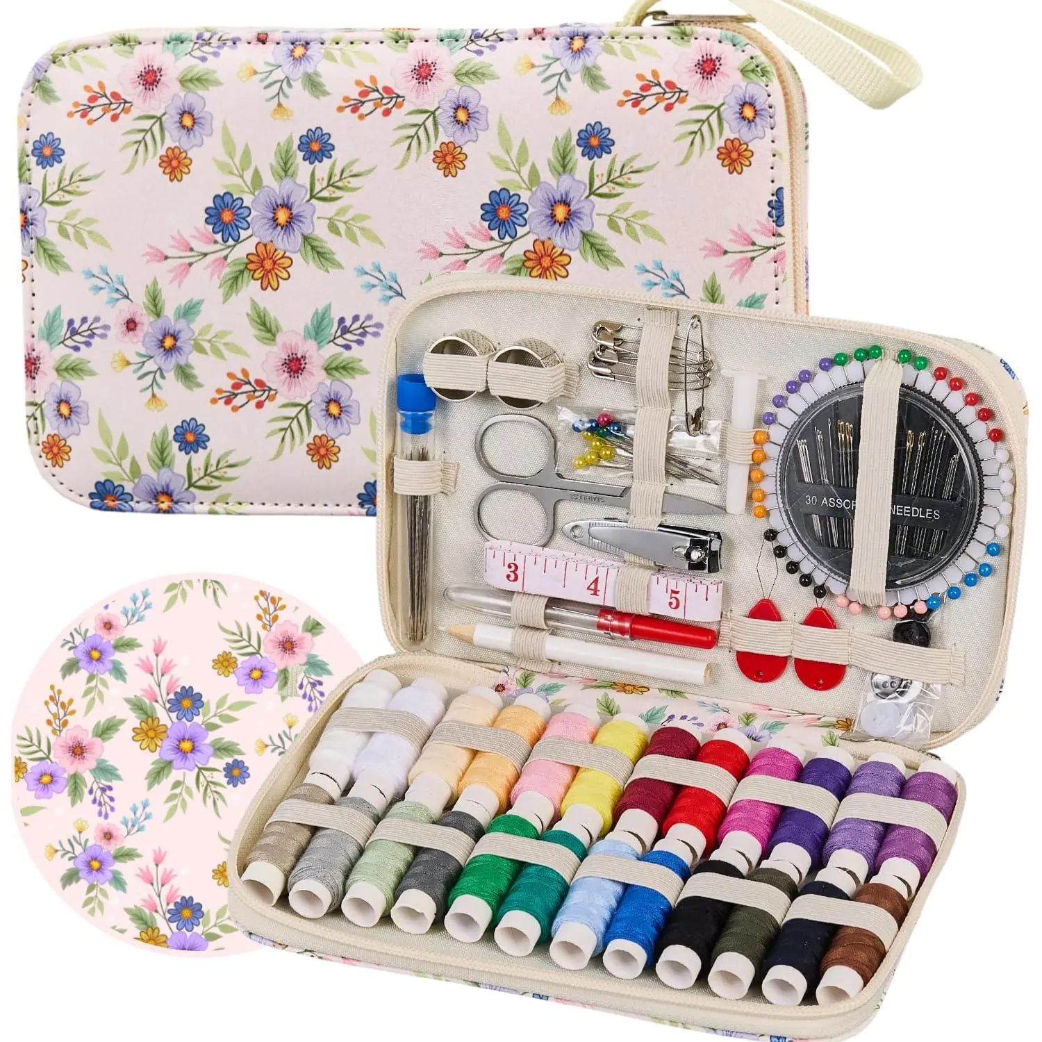 Printing Floral Cottagecore Sewing Kit  Professional Sewing Supplies with 130 count Accessories,Cute Travel Sewing Kit for Adults,Beginners and