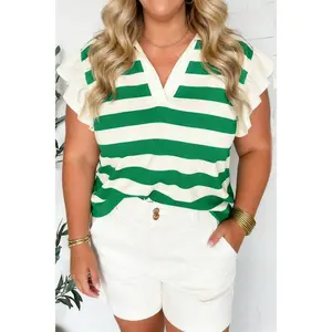 Green Stripe Plus Size Collar V Neck Ruffle Short Sleeve Blouse