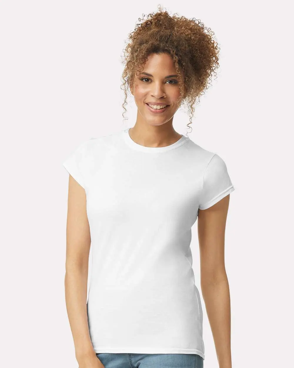 Women's Gildan Soft Style Crew Neck Short Sleeves Semi-Fitted Casual Cotton Blend White T-Shirt