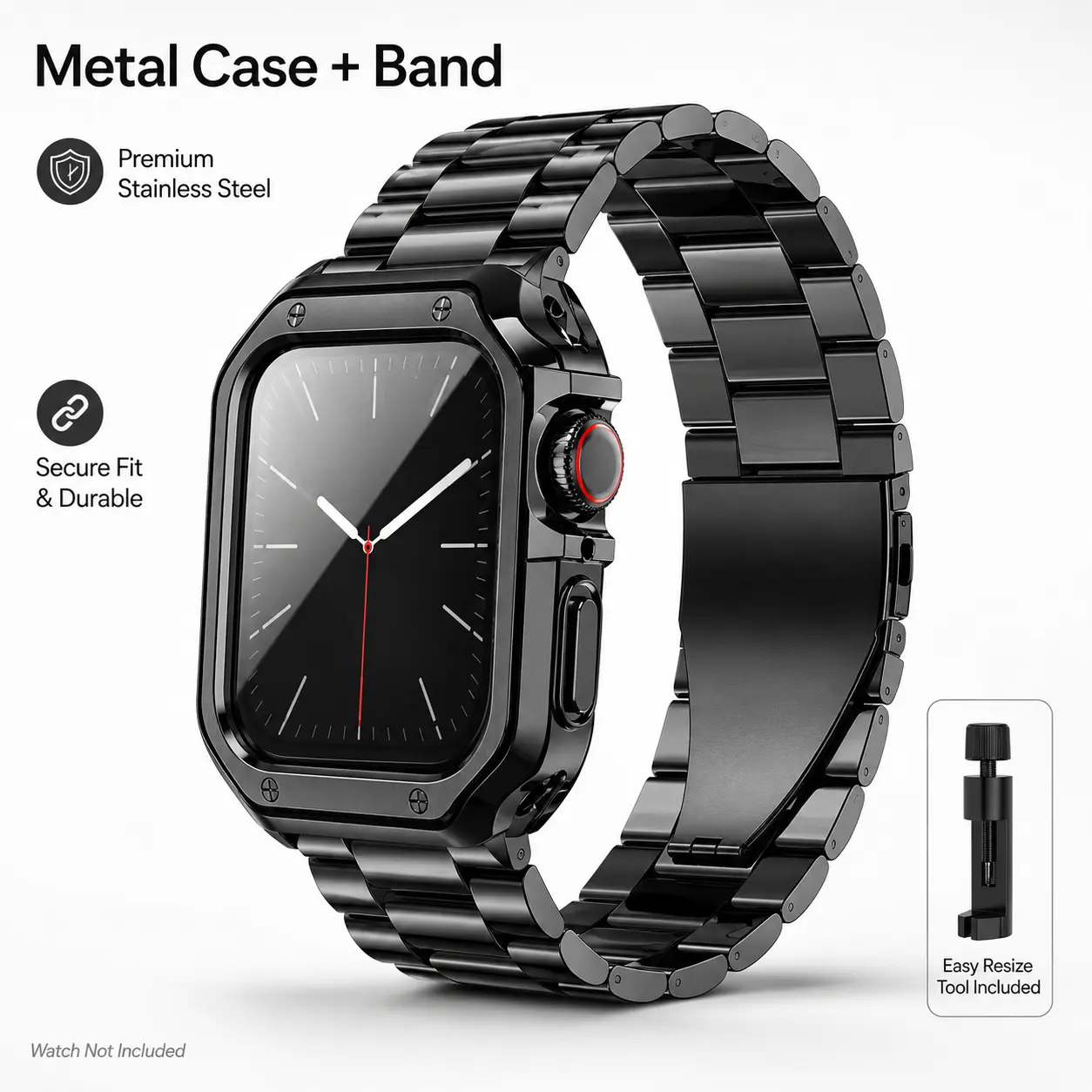 Stainless Steel Watch Band & Protective Case Set, Adjustable Metal Link Bracelet Replacement Strap with Resize Tool, Durable Black Smartwatch Band for Men Women, Fits 38/40/41/42/44/45/46/49mm
