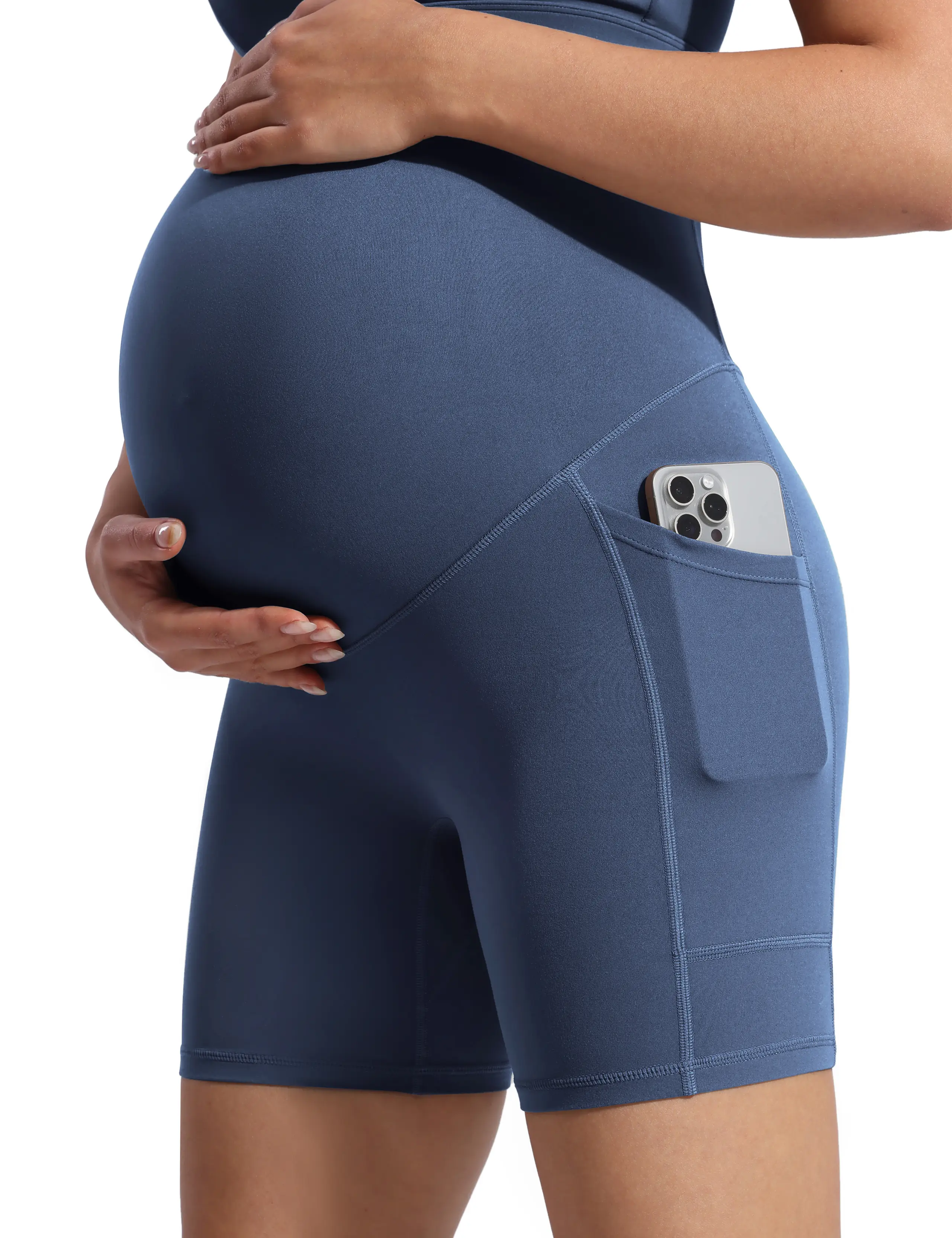 POSHDIVAH Women's Creamluxe Maternity Biker Shorts Over The Belly with Pockets - 6"/8" Summer Pregnancy Yoga Workout Short