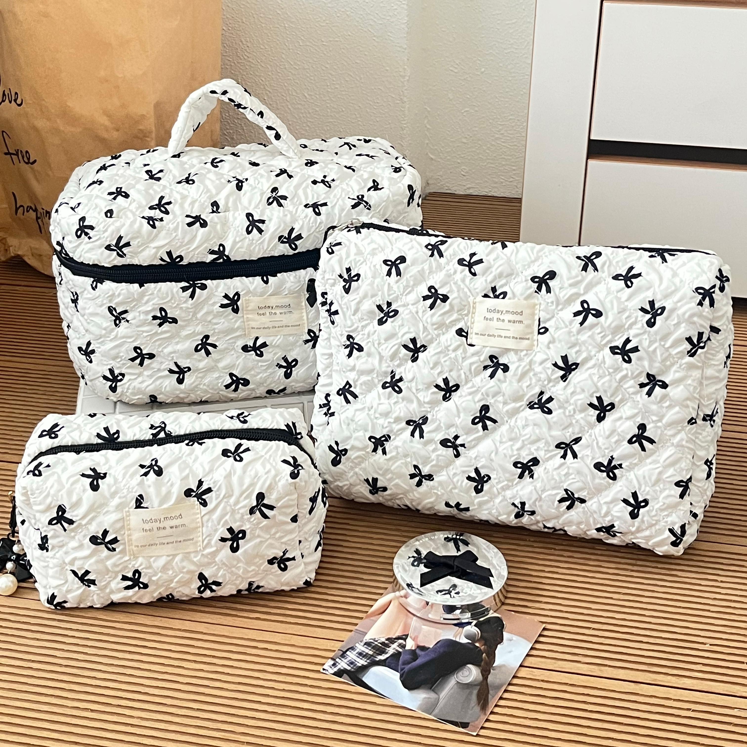 Bow Bubble Quilted Makeup Bag 3-Piece Set – Large Capacity Travel Toiletry Storage Bags, Girly Instagram Style