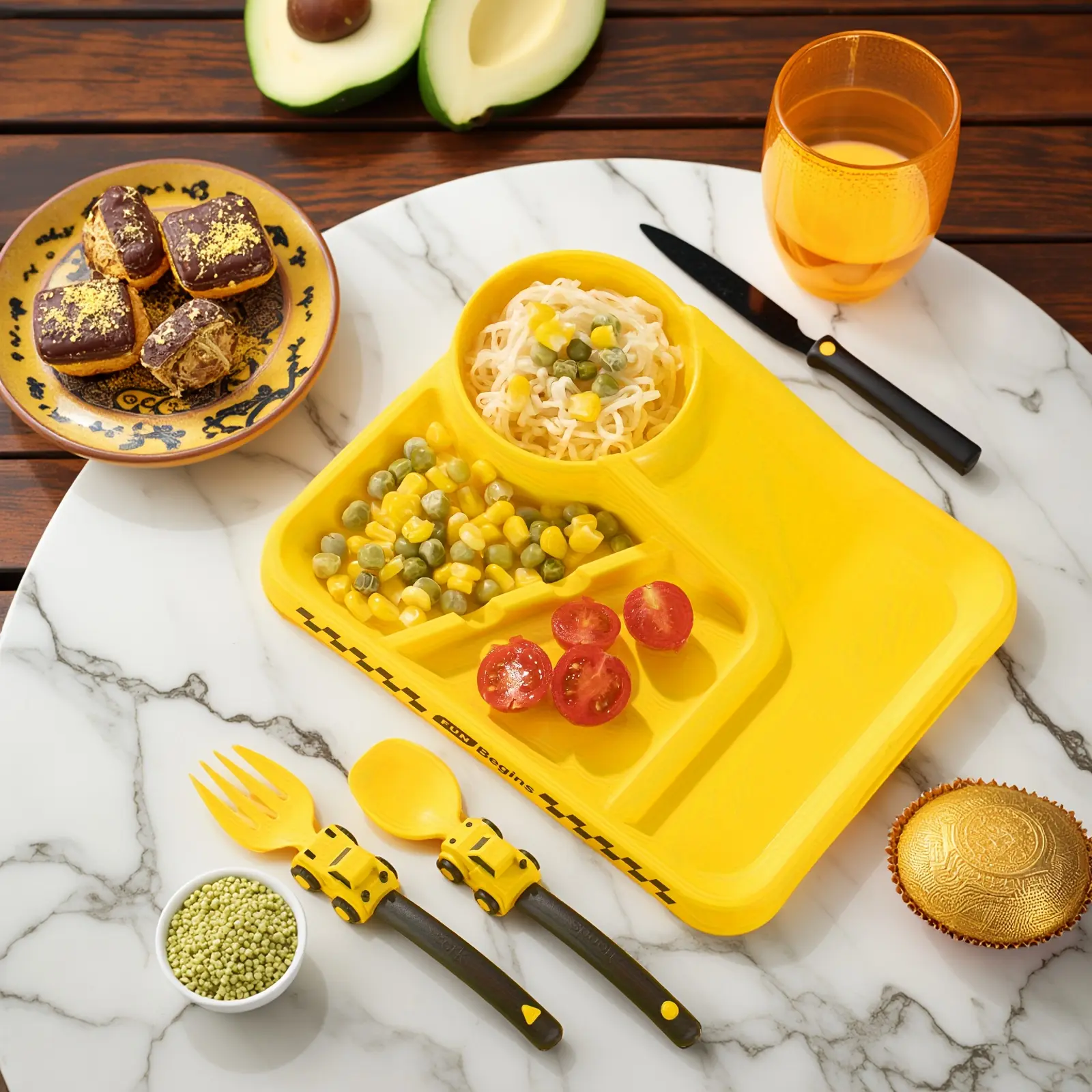 3-Piece Race Car Themed Kids Dinnerware Set - Divided Plate with Bowl and Easy-Grip Fork Spoon for Fun Mealtime Food Tableware Tableware Utensils