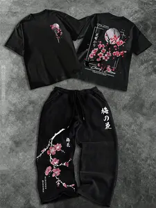 Men's Fashion Casual Two-Piece Set, Soft Comfortable Floral Plum Pattern Printed Round Neck T-Shirt and Drawstring Wide Leg Pants