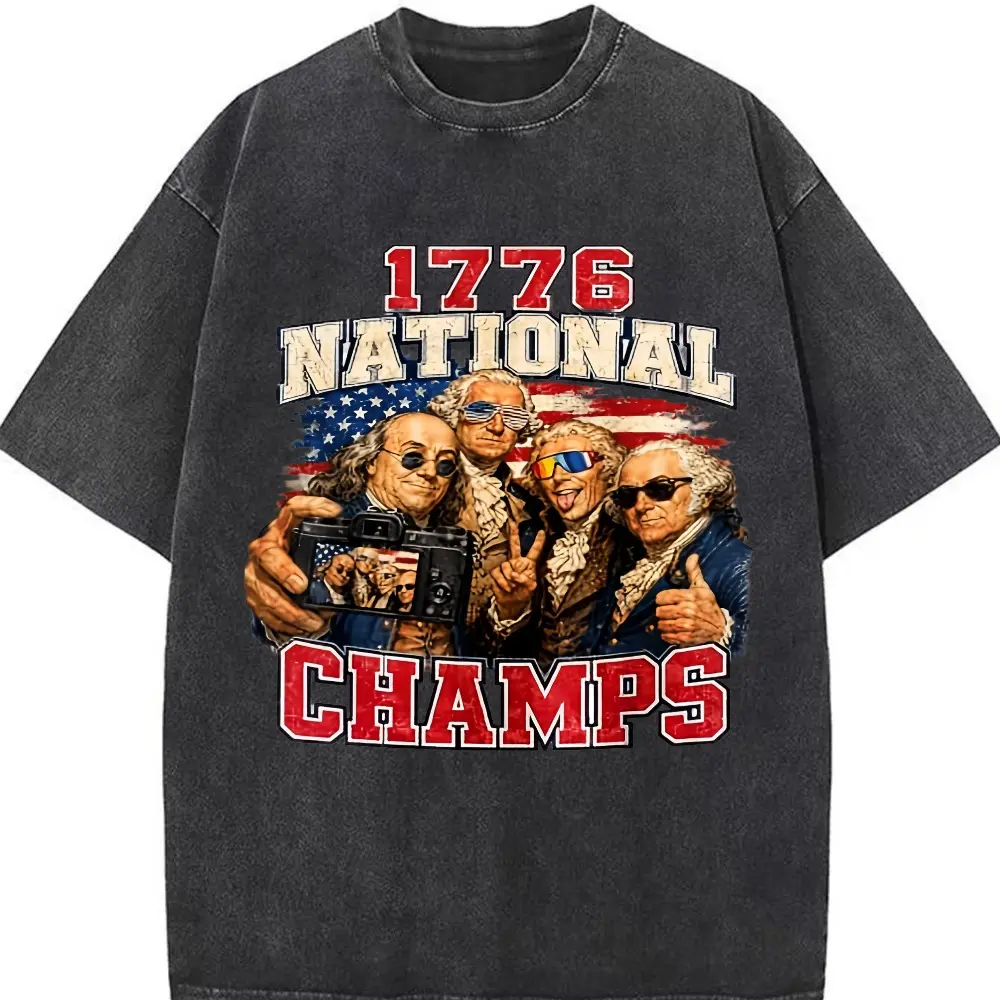 Men's Oversized Pure Cotton Short Sleeve Round Neck Flag T-Shirt - 1776 National Champs Vintage Acid Wash Top, Funny Founding Fathers Selfie Graphic, 4th Of July Casual Streetwear Looks, XXL Menswear