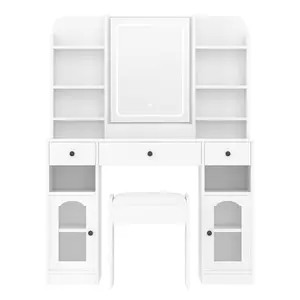 43.2" White Vanity Desk with LED Mirror & RGB Light Cabinets, Glass Top, 3 Drawers & Storage Shelves, Charging Station (AC/USB/Type-C), Included Stool, Makeup Vanity for Bedroom