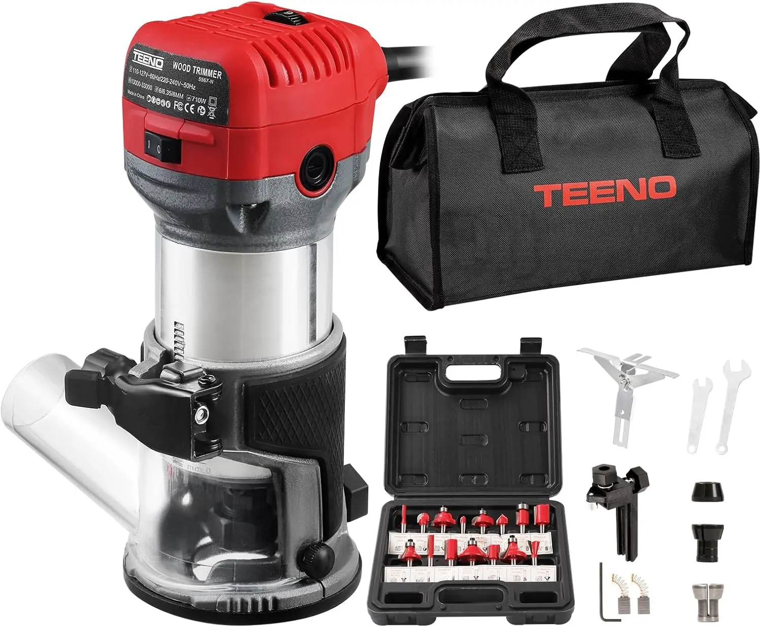 Wood Router, 6.5 Amp 1.25 HP Compact Router Tools for Woodworking,Hand Trim Router with 15pcs 1/4" Bits Set,6 Variable Speeds Heavy Duty Portable