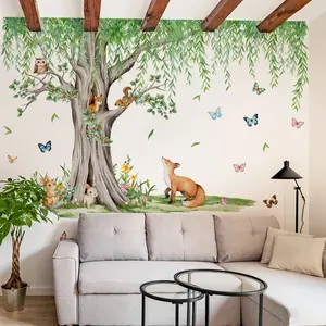 A set (30*90cm*4pcs) of hand-painted wall stickers featuring big trees, weeping willows, foxes, rabbits, squirrels and flowers, for bedrooms, living rooms. Self-adhesive decorative wall stickers, Decorative decal M16163