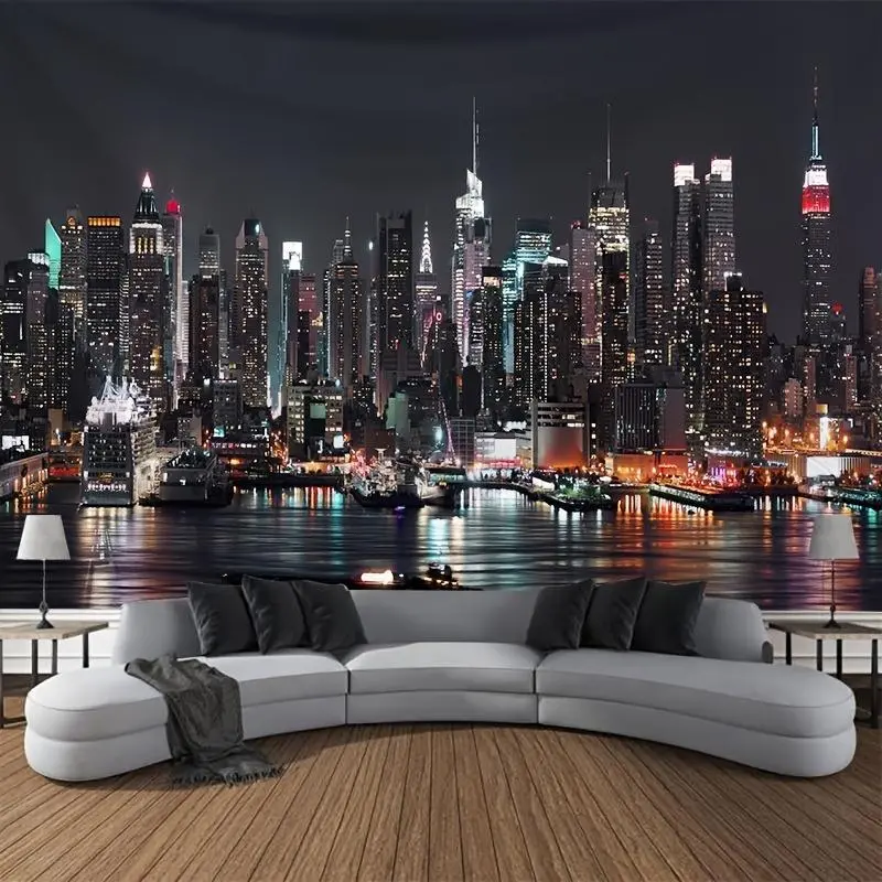 New York Night Skyline Tapestry - Lightweight Polyester Indoor Wall Hanging with Size Options, Home Decor Decoration for Living Room, Bedroom