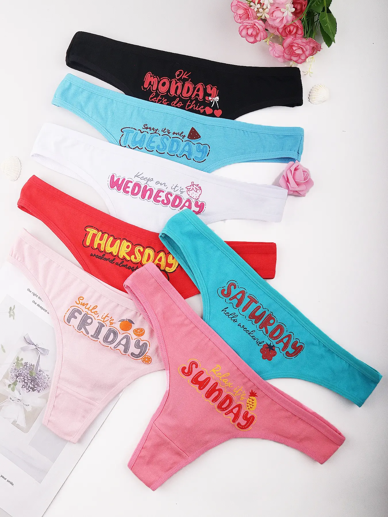 Women's Letter Print Thong Panties, 7 Pack Comfortable Breathable Underwear, Slim-Fit Casual Daily Wear, All Season Ladies Lingerie Set, Soft Breathable Knicker, Casual Comfy Panties, Knitted Stretch Underwear, Breathable Panty