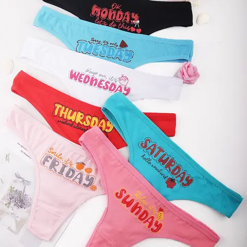 Women's Letter Print Thong Panties, 7 Pack Comfortable Breathable Underwear, Slim-Fit Casual Daily Wear, All Season Ladies Lingerie Set, Soft Breathable Knicker, Casual Comfy Panties, Knitted Stretch Underwear, Breathable Panty