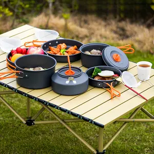Ultra-Light Aluminum Camping Cookware Set with Kettle, Pots & Pans |   Portable Stackable Outdoor Camping Gear with Storage Bag for Hiking Backpacking