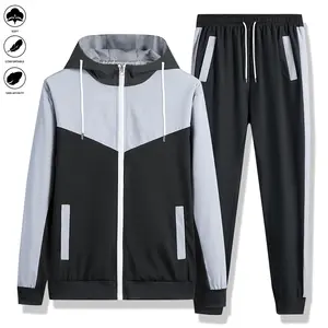 Color block long sleeve full zipper hooded jacket and drawstring sports pants, casual sportswear, men's suit, suitable for outdoor sports, fitness, running, and casual wear, men's long sleeve sports set