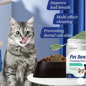 Jellico Pet Dental Cleaning Powder - 100g Algae Beef Flavor, Cat & Dog Oral Hygiene Supplement with Spoon, Fresh Breath, Prevents Tartar, Multi-Effect Cleaner, Pet Dental Hygiene | Fresh Breath Enhancer | Plastic Container