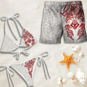 Viking Fenrir Wolf Print Bikini and Shorts Matching Set, Red Grey Dragon Swimwear 9U3 OHW