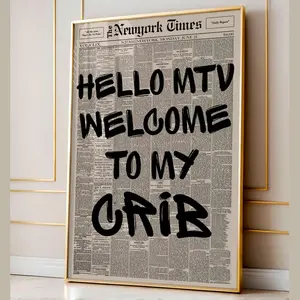 Retro Hello Welcome to My Crib Newspaper Poster, Funny Newspaper Print, Typography Poster, Aesthetic Home Decor,  Wall Decor