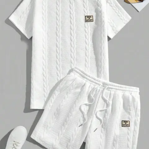 Men's Solid Textured Patched Tee & Drawstring Waist Shorts Set, Regular Fit Casual Round Neck Short Sleeve T-shirt & Pocket Shorts, Men's Summer Clothing Set, Menswear