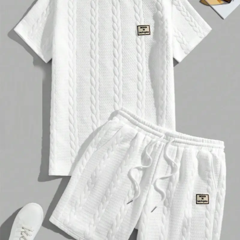 Men's Solid Textured Patched Tee & Drawstring Waist Shorts Set, Regular Fit Casual Round Neck Short Sleeve T-shirt & Pocket Shorts, Men's Summer Clothing Set, Menswear