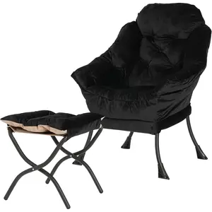 Lazy Chair with Folding Ottoman,Living Room Chairs, Accent Contemporary Lounge Chair, Single Steel Frame Leisure Sofa Chair with Armrests and A Side Pocket (Black)