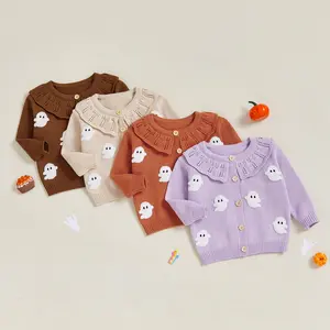 Toddler Girl Cardigan Sweater Baby Halloween Ghost Outfit Button Up Lapel Blouse Sweaters Jacket Infant Knitted Clothes