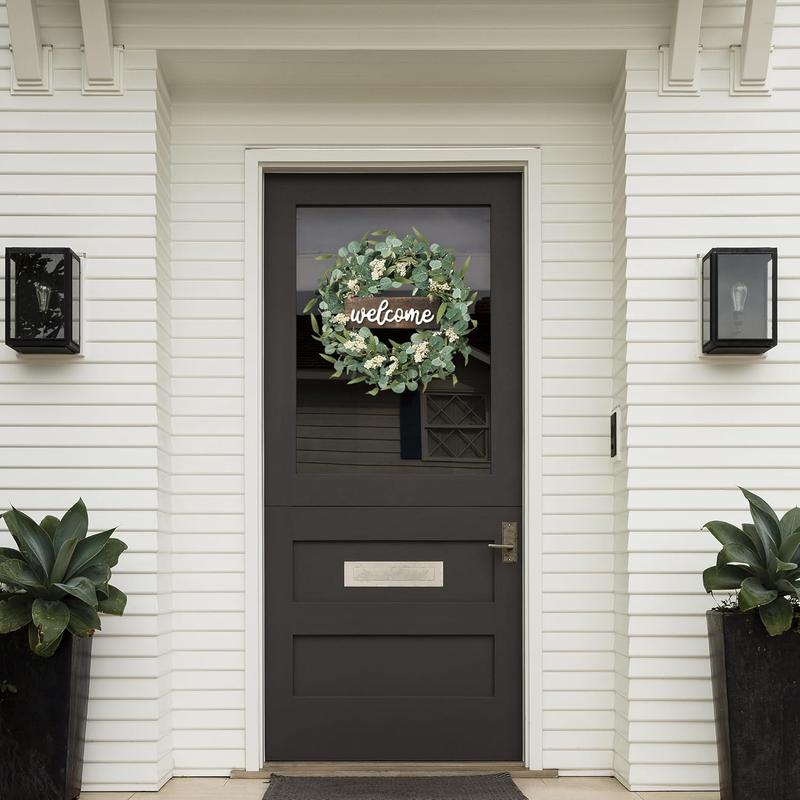 ZMOCEN A Green Eucalyptus Spring/Summer Wreath With A Welcome Sign, Featuring Artificial Spring/Summer White Berries. Suitable For Front Doors, Walls, Windows, Festive Occasions, Farmhouses, Porches, Patios, And Wedding Season Decorations (White + Green).
