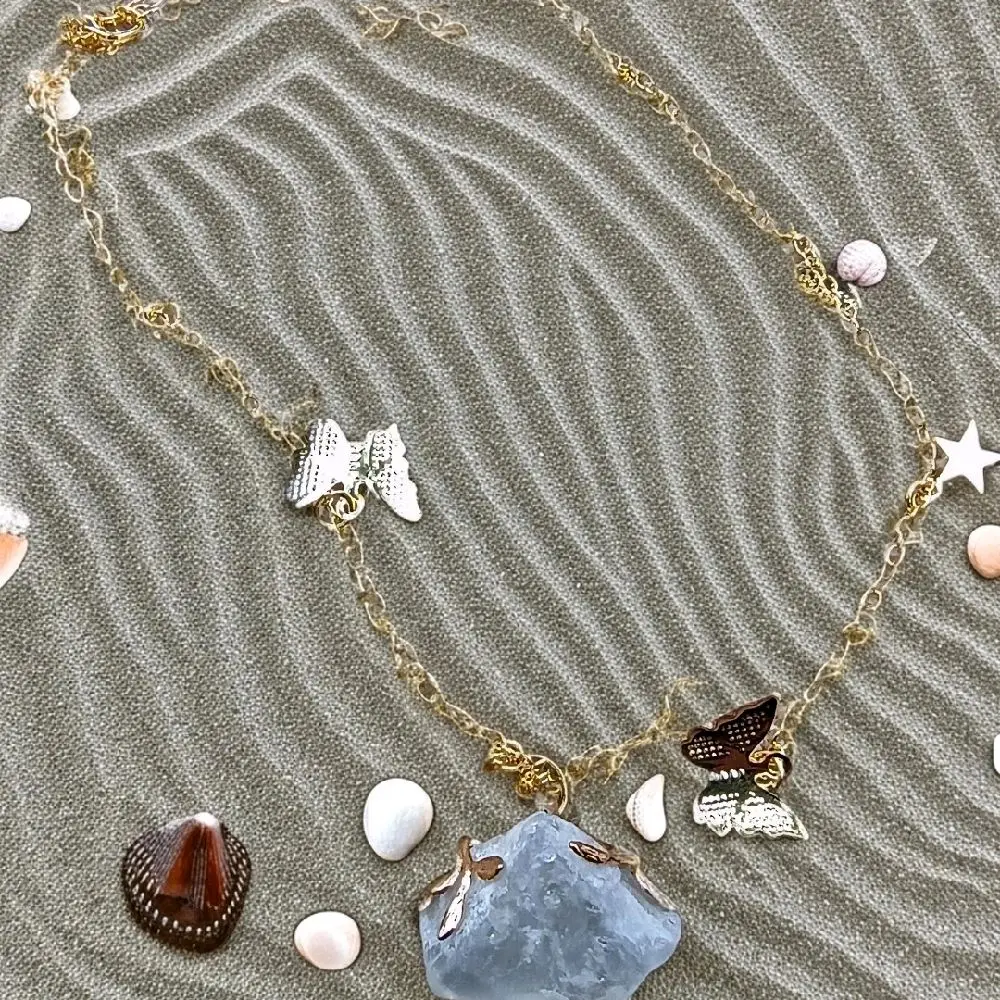 Celestite Crystal Heaven Stone Necklace with Butterfly Accents