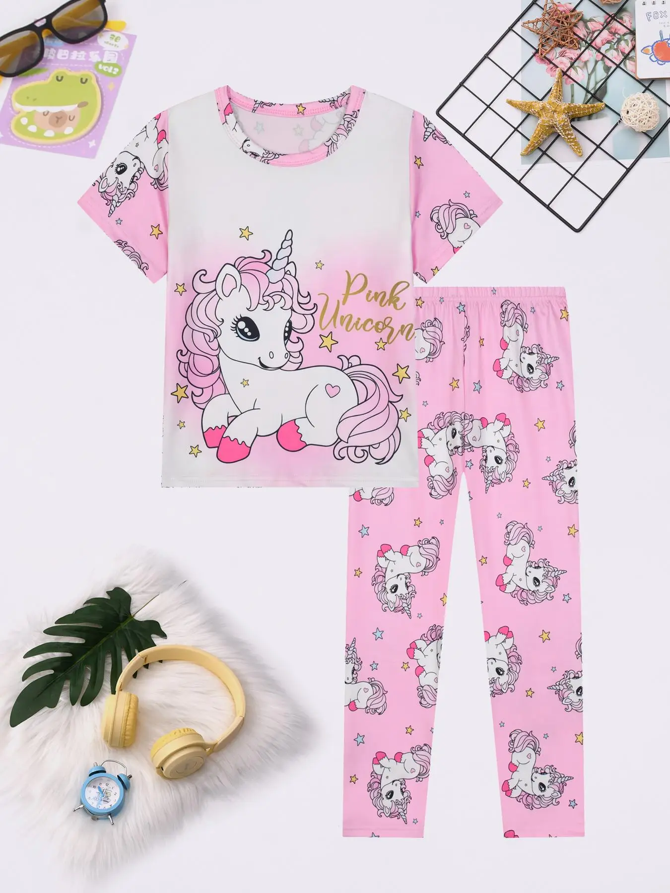 Girl's Unicorn Print Tee & Pants Pajama Two-Piece Set, Cute Comfy Round Neck Short Sleeve T-Shirt & Trousers Pajama Set, Kids Sleepwear for Summer