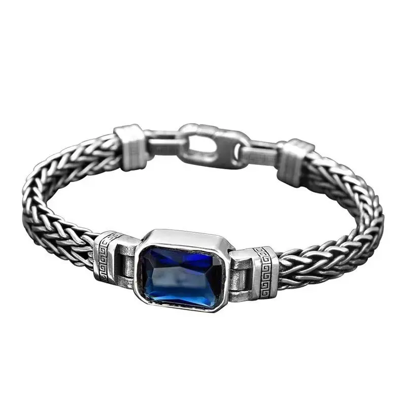 S925 Sterling Silver Men's Bracelet, Retro Handcrafted Braided Chain with a Bold Blue Sapphire and Geometric Engraving, Oxidized Finish, Antique Oxidized Silver Finish, Secure Pushlock, Geometric Engraved, Push-Lock Clasp, Sturdy, Daily, Male, Style-Focus