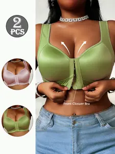 2PCS Plus Size Front Closure Bra, Full Coverage Supportive Wireless Lift Bra, Comfortable Everyday T-Shirt Bra, Women