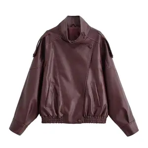 TRNDY LAB 2026 Fall Stand-up Collar Leather Jacket Women Retro Brown Zipper Jacket Coat 2025 Autumn Winter Fashion Casual Loose Jacket