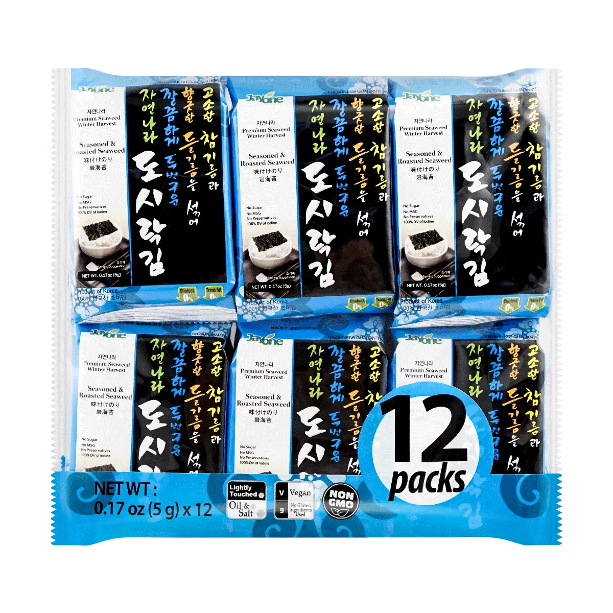 JAYONE Korean Roasted Seaweed Snacks - Savory Gim (12 Packs, 60g) - Perfect for Lunchbox, On-the-Go Snacking, Sushi Rolls