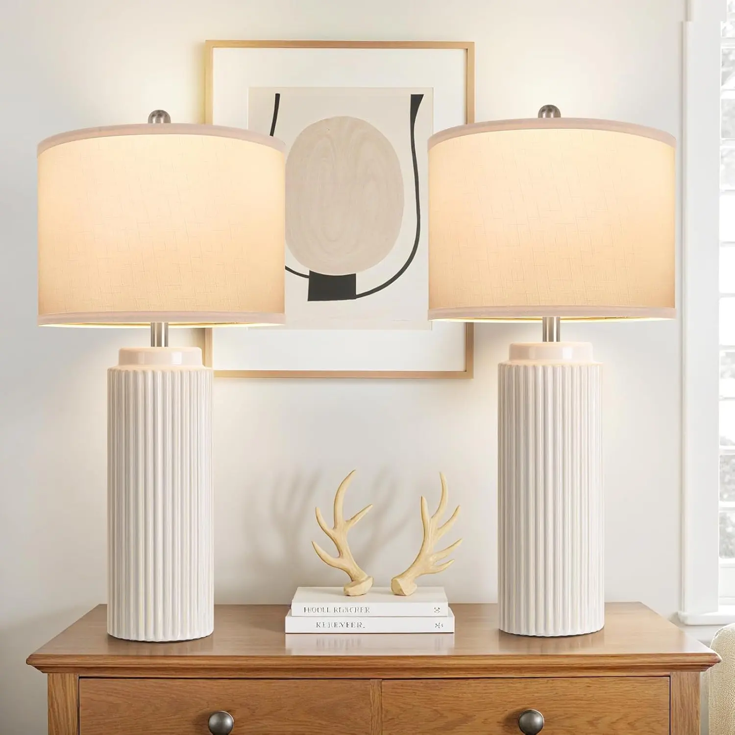 MATULSA  28’’ Modern Ceramic Table Lamps Set of 2 for Living Room, Farmhouse Vintage Bedside Table Lamps with White Linen Shade, Rustic Bedroom Ceramic Lamps for Nightstand Home Office End Table Dorm
