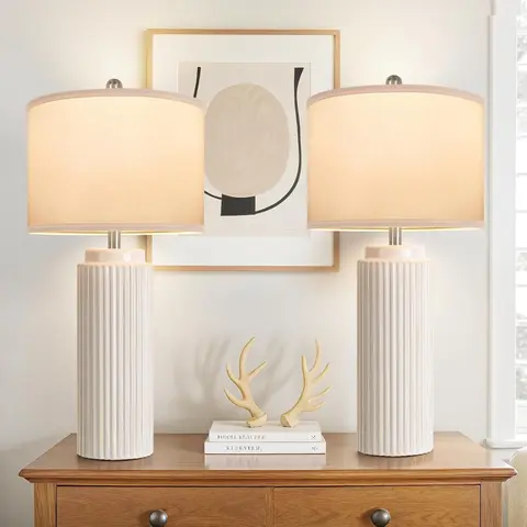 MATULSA 28" Modern Ceramic Table Lamps Set of 2 - White Linen Shade, Decorative Lighting, Chic Home Decor, Aesthetic Neutral Lamps, Bedroom Decor, Modern Farmhouse Accent, Bases & Shades Included, Christmas Holiday Gifts for Living Room Nightstand