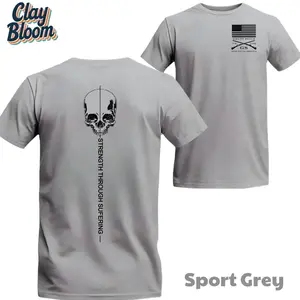 Strength Through Suffering Skull Graphic T-Shirt High Quality Athletic Training Top, Fitness Motivation Tee, Tactical Veteran Style Apparel, Lightweight Breathable Grunt Style Graphic Design Concept Everyday Wear - By Clay Bloom
