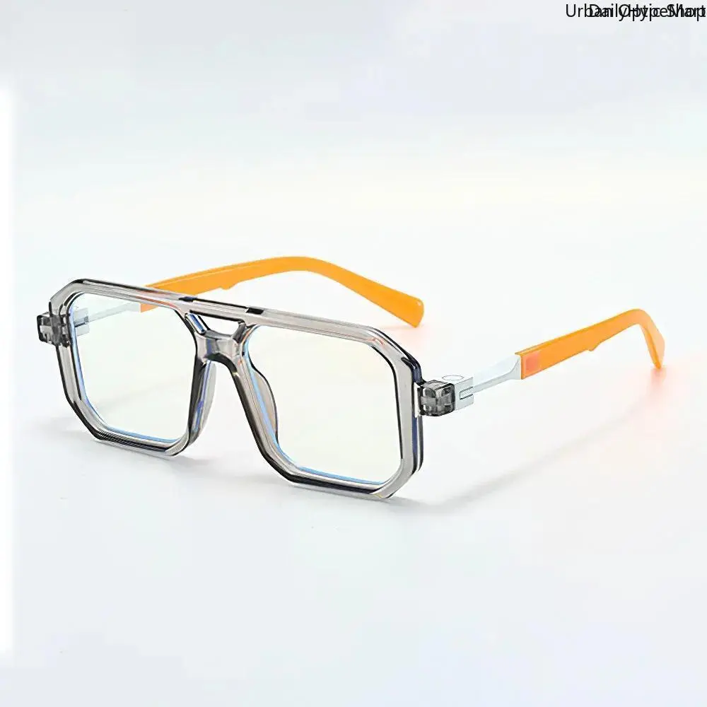 Vintage Double-Bridge Square Blue Light Glasses - Classic Fashion Glasses, Retro Transparent-Frame Stylish Protective Eyewear with Orange Temples, Stylish Protective Glasses