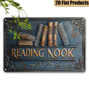 Vintage Reading Nook Metal Wall Decor, Retro Book Lover Gift, Flat Plaque for Home Office Library Study Room Decor, Signs