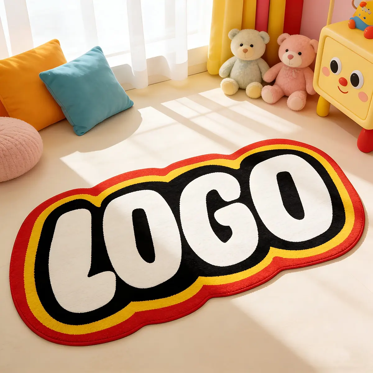 Cloud Shape Rug, Logo Theme Gaming Room Non-Slip Blanket, High Stretch Soft Velvet Art Mat, Lego Style Decorative Carpet