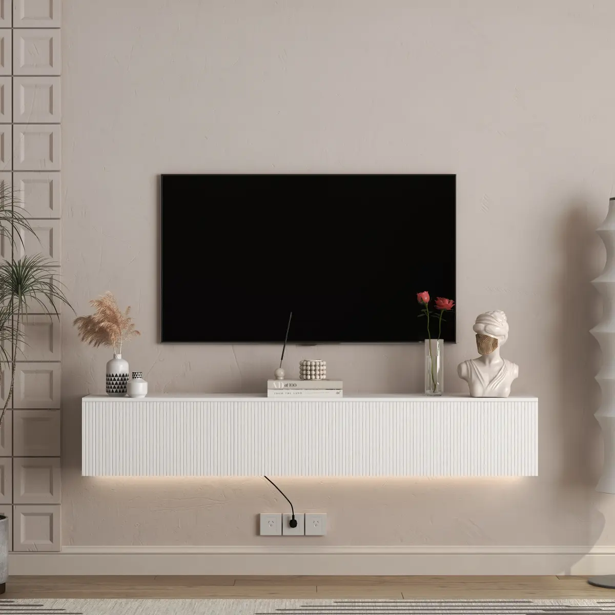 69" Modern White MDF LED TV Stand, Wall-Mounted Floating Unit for 55-65 Inch TVs with 16 Color Lights, Large Storage Space & Included Wall-Mounting Hardware, Led Tv Stands