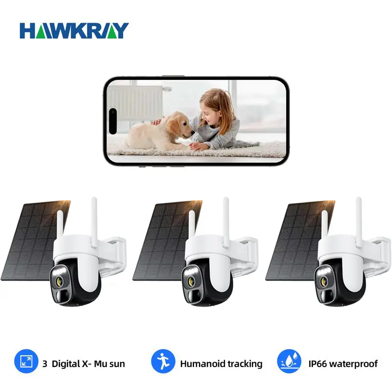 Hawkray 360Solar Security Camera with Spotlight PIR Motion Detection Color Night Vision Two-Way Talk 2K FHD WiFi CCTV IP Security Cam-IP66 Waterproof IR Night Vision Flash Light Connection Wireless 3PC - Card - Remote