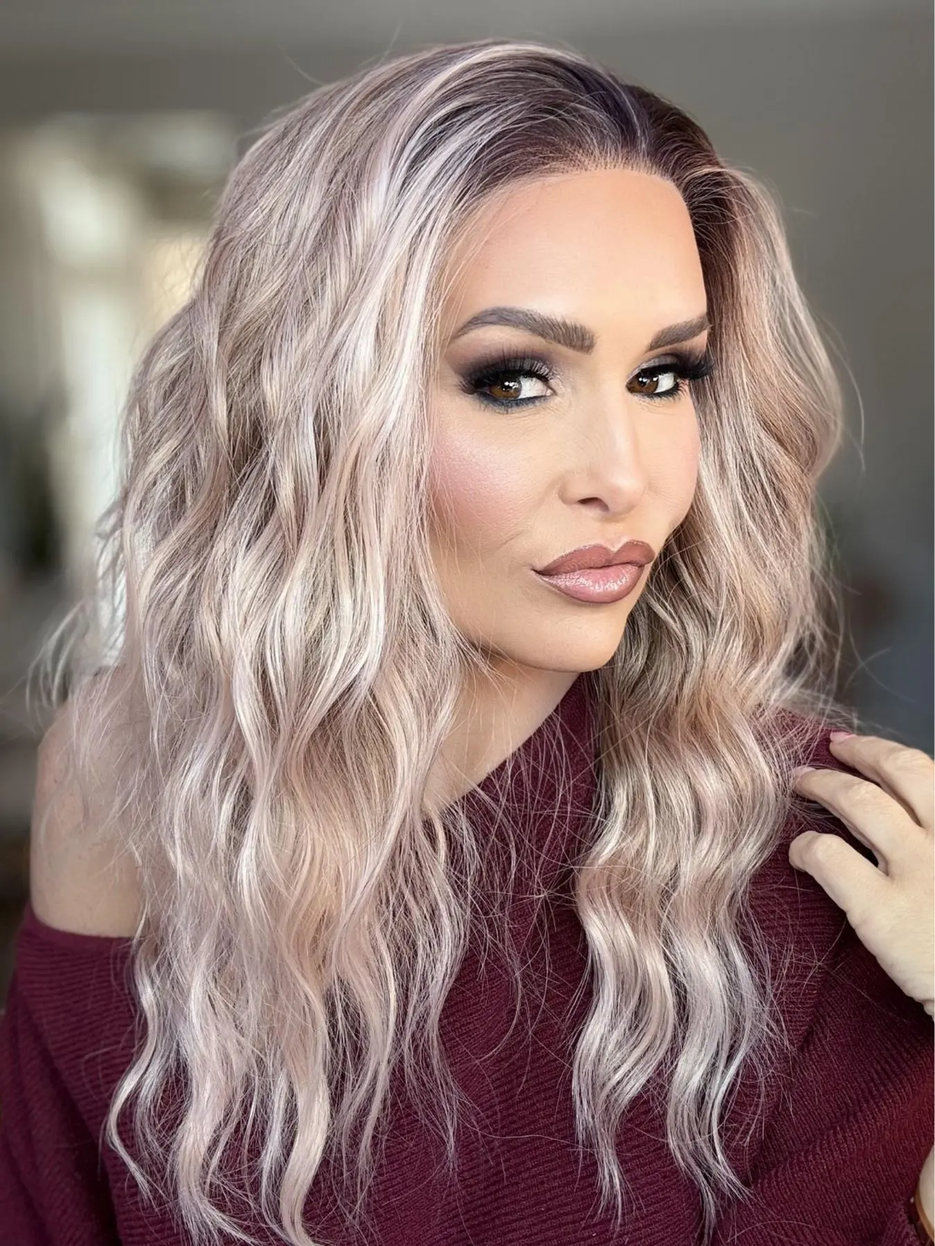 MACA BAKA Stella Apricot Ombre Highlight Water Wave Lace Front Wigs with Scandinavian Hairline 16 Inches Medium Length Low Density Light Pink Loose Curly HD Synthetic Lace Front Wigs for Women Pre Plucked, Wig